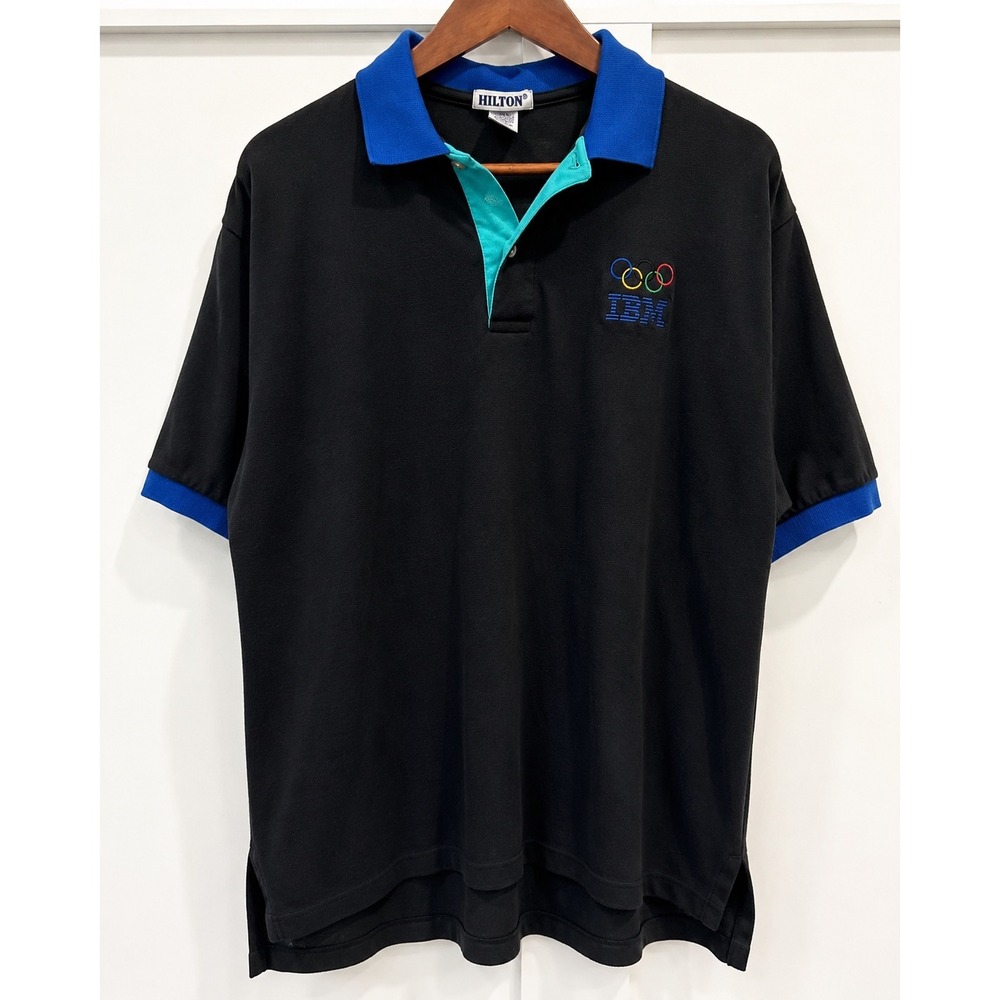 Vintage IBM Polo Shirt Mens XL 90s Olympic Hilton‎ Tech Corporate Colorblock